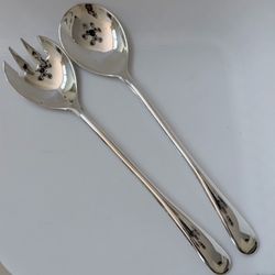 Italy Silverplate Flatware 2pc Solid Salad Set 9” Glossy Plain Round EndDown