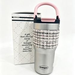 Sidagar Insulated Stainless Steel Tumbler w/ Pink Handle & Tweed Sleeve – Like New