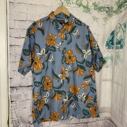 Cooke Street Men's Hawaiian Shirt SZ 2XL Blue Orange White Tropical Flowers