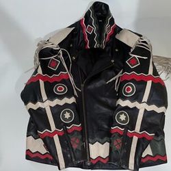 VTG XL INDIAN MOTORCYCLE BIKER NATIVE AMERICAN LEATHER FRINGE DETAILED JACKET