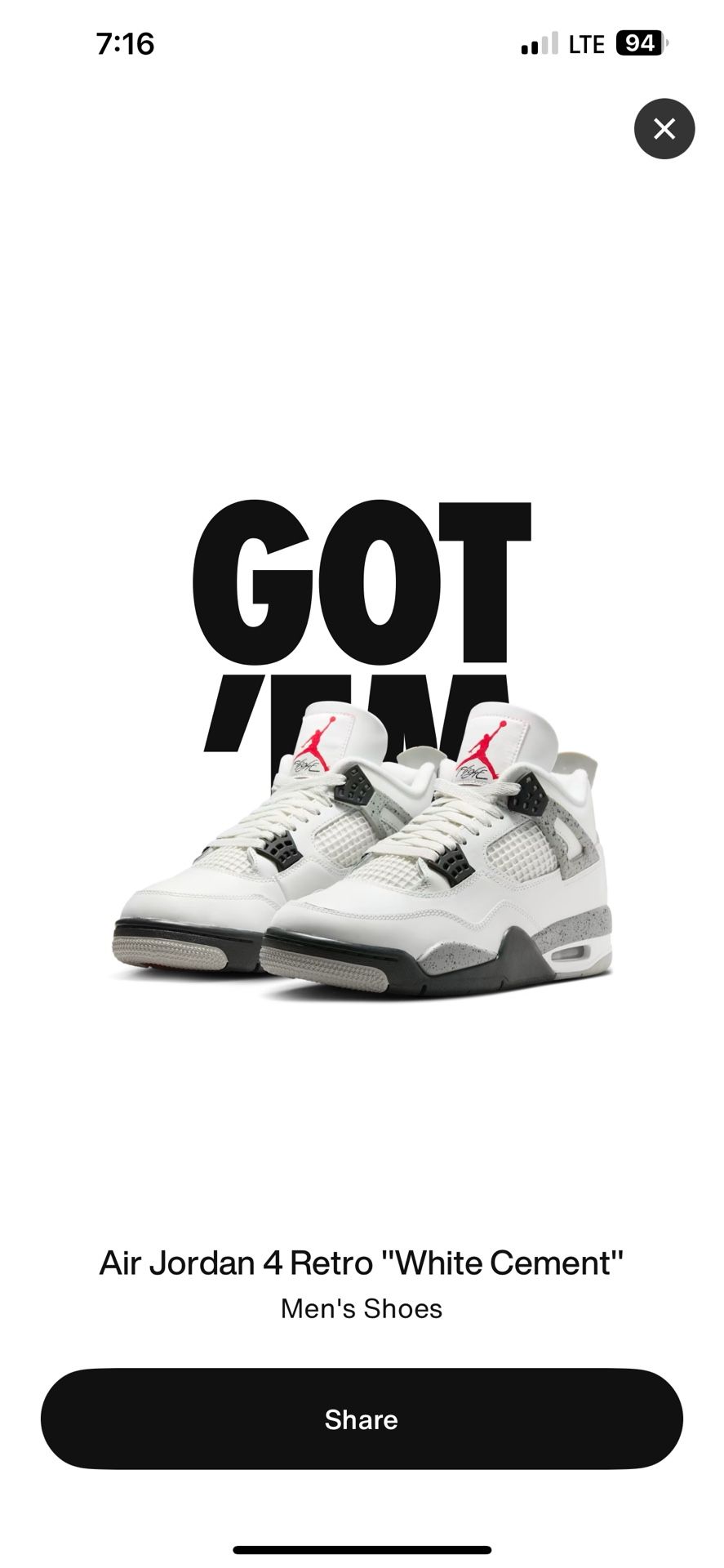 Jordan 4 White Cement men’s 11