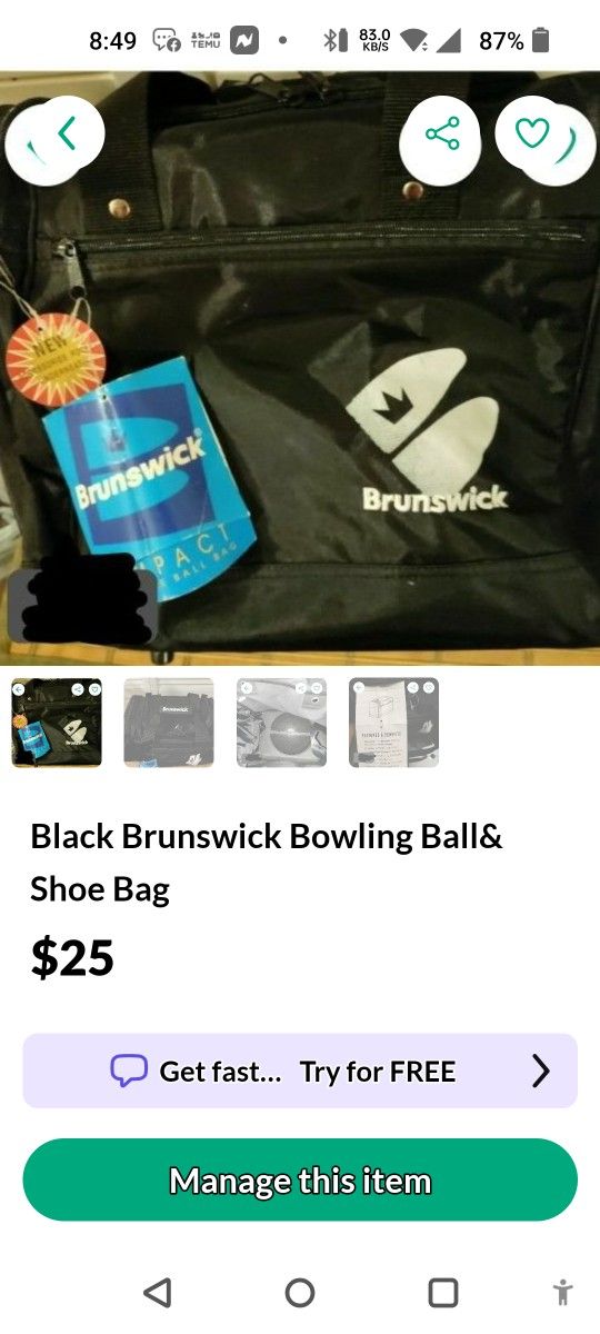 Black Brunswick Bowling Ball& Shoe Bag
