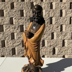 Large 30” Hand Carved Wood Bodhidharma Statue – Vintage Asian Zen Decor