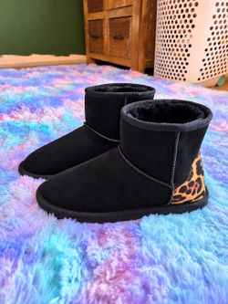 Black Suede Mini Boots with Leopard Print