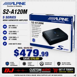 Alpine S Series S2-A120M Car Amplifier 2400 Watts Max Mono Subwoofer System 🚨 Payment Options Available 🚨 No Credit Needed 🚨