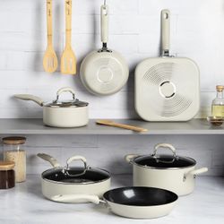 Goodful Ceramic Nonstick Pots and Pans Set, Premium Ceramic Coating Made without PFOA, PTFE or PFAS, Dishwasher Safe, 12-Piece, Cream