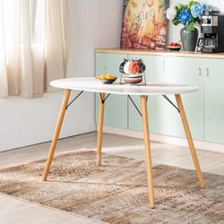Homy Casa MICK 47” Oval Dining Table, White Top with Solid Wood Legs and Metal Braces, Seats 4