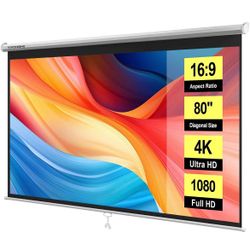 80 Inch 16:9 Pull Down Projector Screen, White