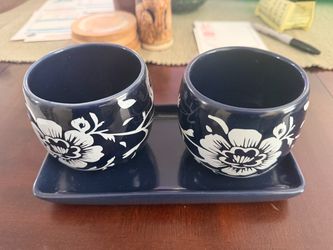 Ceramic Bowl Set with Tray, Navy Floral
