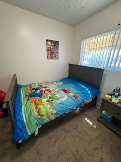 Grey wood Full Bed Frame, Nightstand, Dresser/Changing Station