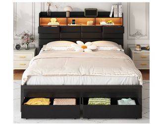 New - Queen Size Bedframe with Light and Charging Station