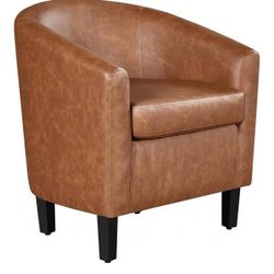 Leather Accent Chair, Faux Leather Armchair, Modern Barrel Club Chair with Soft Seat for Living Room Bedroom Reading Waiting Room, Brown brand new in 