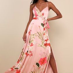 Lulus Blush Pink Floral Print Satin Maxi Dress Size M