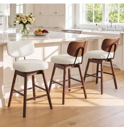 Harris Set of 3 Swivel Bar Stools, 26-Inch Wooden Legs, Beige Fabric
