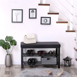 New SONGMICS, 3-Tier Shoe Rack, Storage Bench, Entryway, with Padded Seat, Faux Leather Black