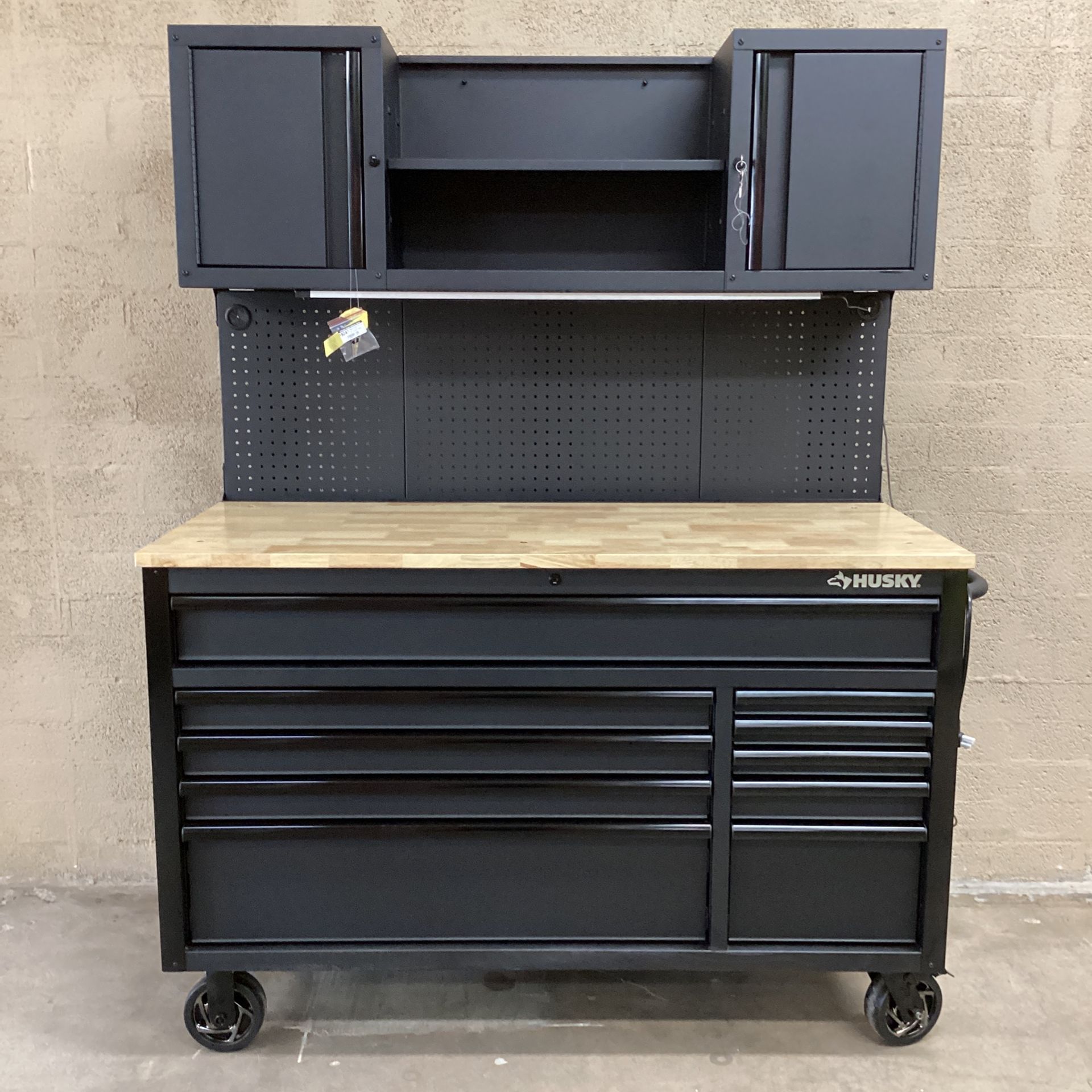 56 in. W x 27.6 in. D 10-Drawer Matte Black Heavy-Duty Mobile Workbench with Pegboard and Top Cabinet 56 in. W x 27.6 in. D 10-Drawer Matte Black Heavy-Duty Mobile Workbench with Pegboard and Top Cabinet