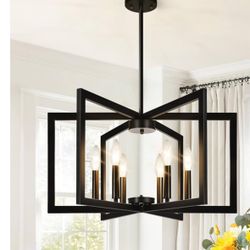 25" Modern Black Chandelier for Dining Room (6-Light, 25-Inch), Geometric Black Dining Room Light Fixture Over Table, Industrial Metal Hanging Pendant