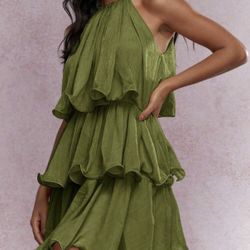 Women's Boho Elegant Tiered Ruffle Mini Dress Sleeveless Halter Neck Party Dress St. Patrick's Day Irish-Themed Cocktail Special Occasion Pleated Flow