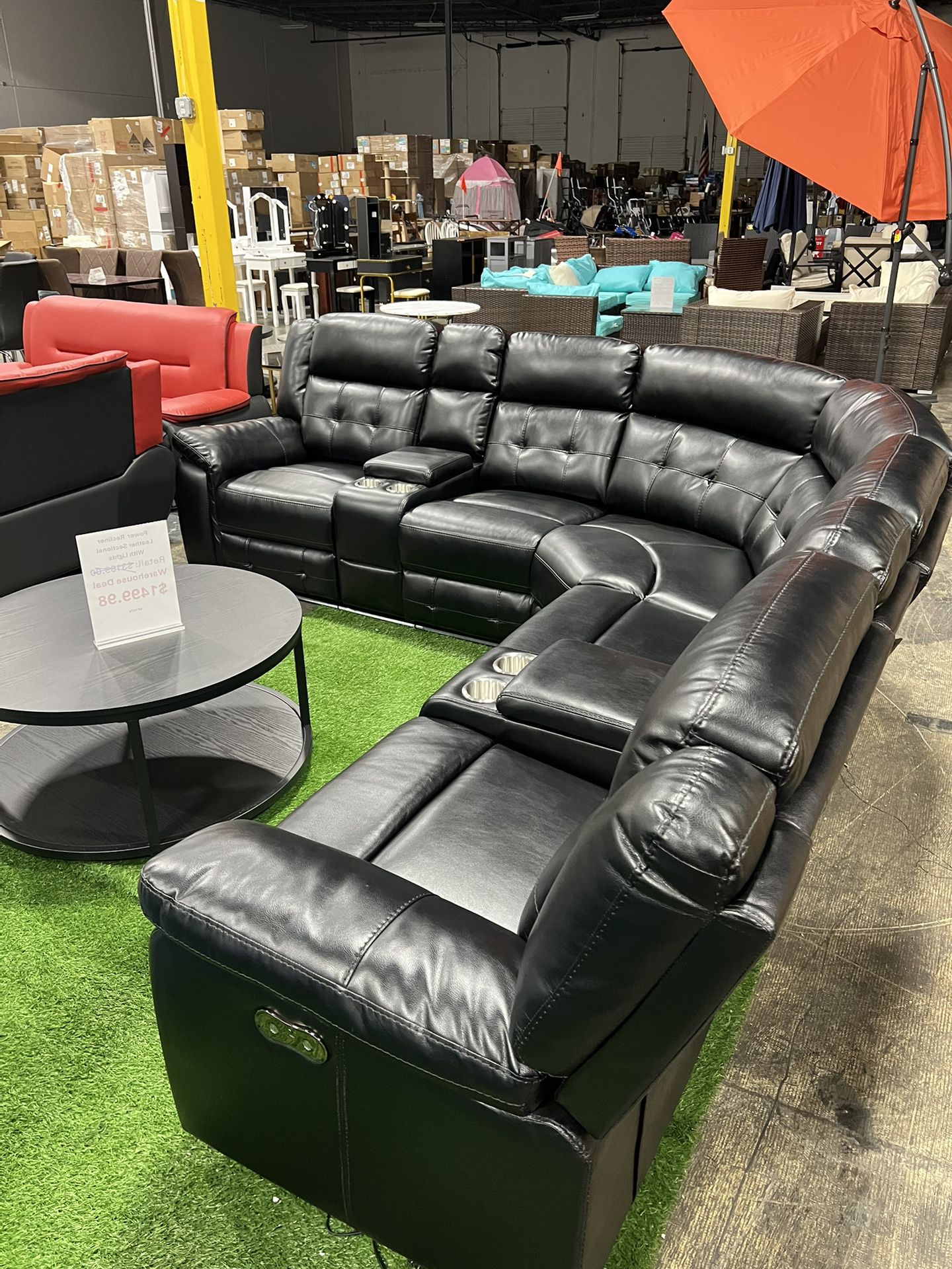 Power Recliner Sectional Black Leather With LED