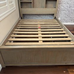 Bedroom set: Wooden Bed Frame (full) with Headboard Storage and matching dresser.