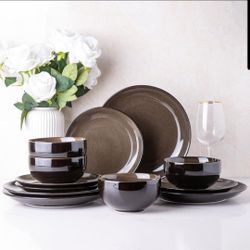 Stoneware Dinnerware Set for 4 Reactive Glaze Plates and Bowls Oven Safe