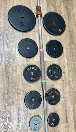 7 ft Standard Steel VINTAGE Bar With  Cast Iron Weight Plates:25s, 10s, 7.5s, 5s & 2.5 lbs (Total: 125 lbs)