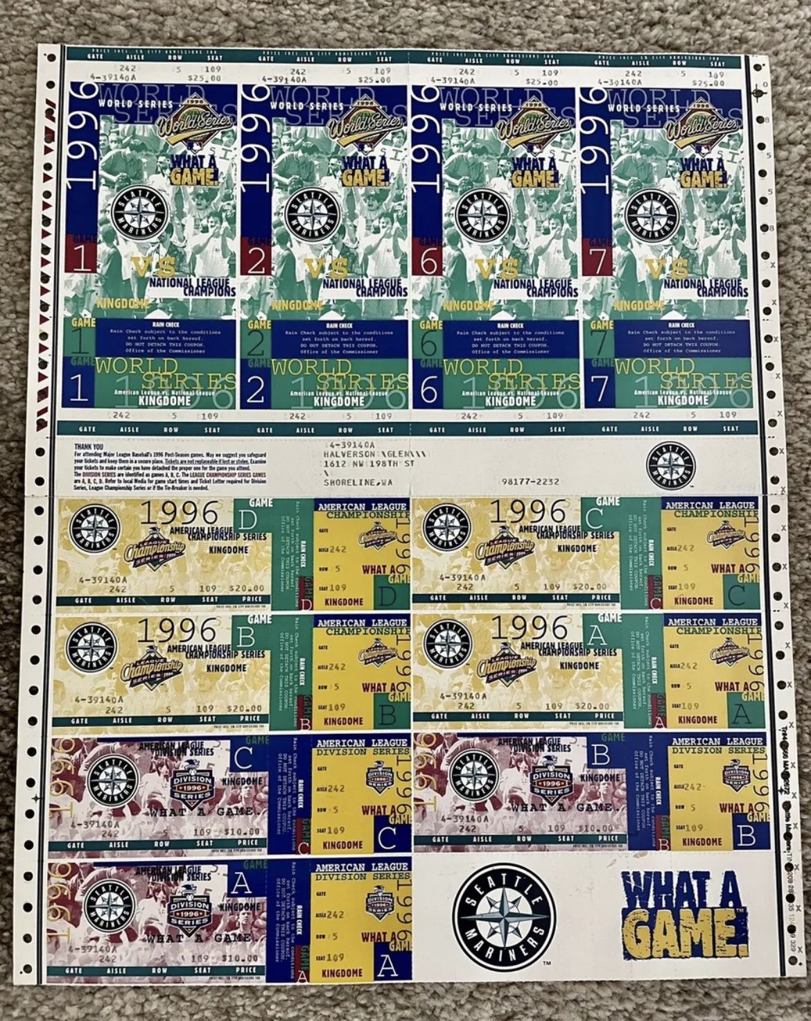 1996 Seattle Mariners World Series ALCS ALDS Sheet Phantom Tickets Stubs RARE