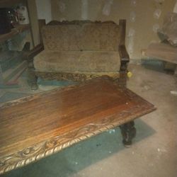 1970 Vintage Hand Carved Sofa Love Seat Set W/ Coffee Table 