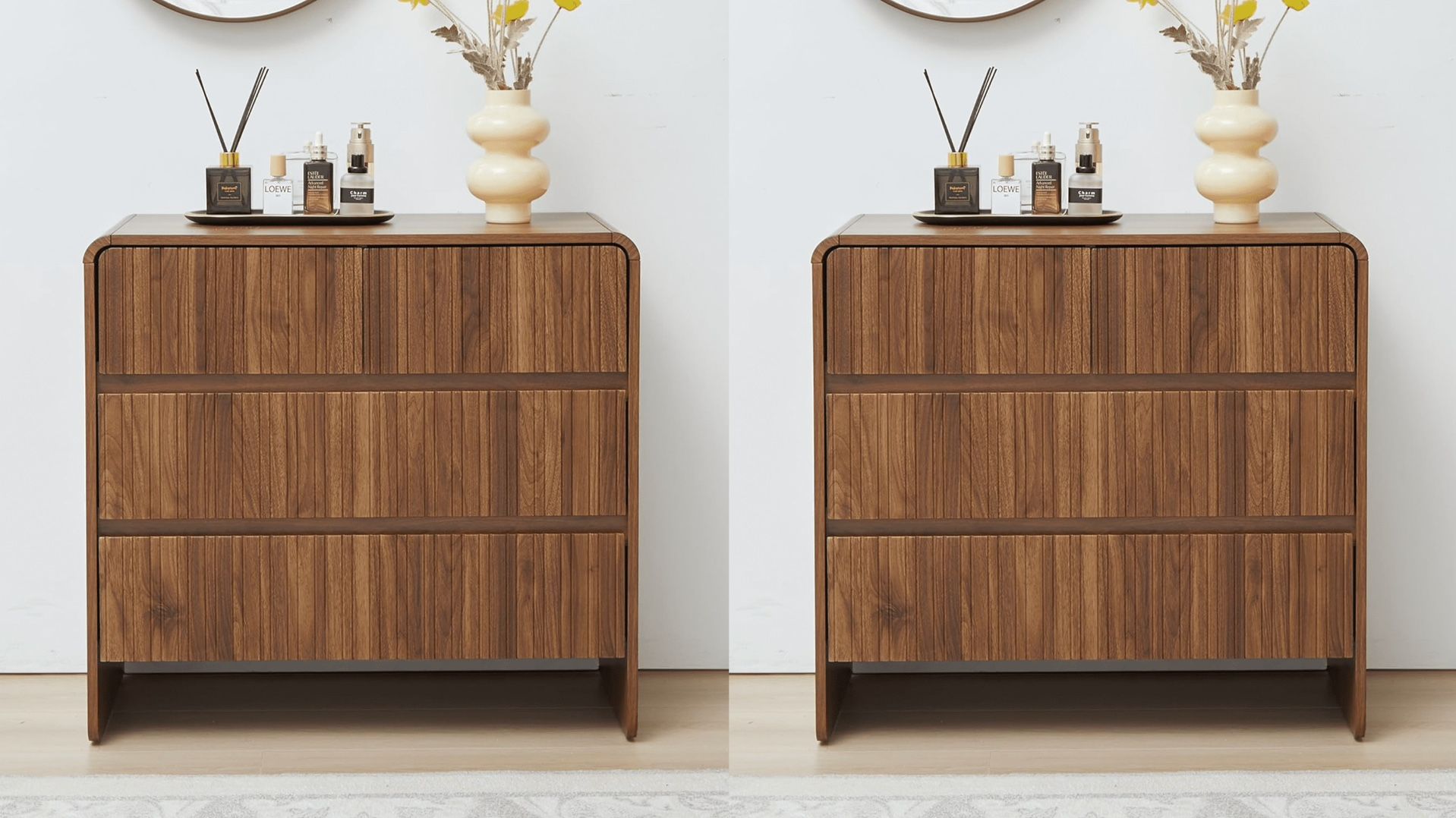 Set of 2 Fluted 4 Drawers Dresser, Mid Century Modern Storage Dresser, Large Dresser with Curved Profile Design, 31.5" Wood Dresser for Bedroom Living