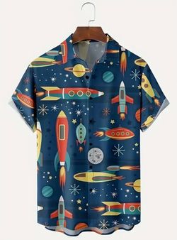 🚀 New! Bright Rocket Shirt Button Down Casual Planet Shirt w Pocket Size Large