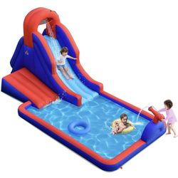 HONEY JOY Inflatable Water Slide, Giant Water Park Bounce House w/Climbing & Long Slide, Water Canons, Splash Pool, Blow Up Water Slides Inflatables f