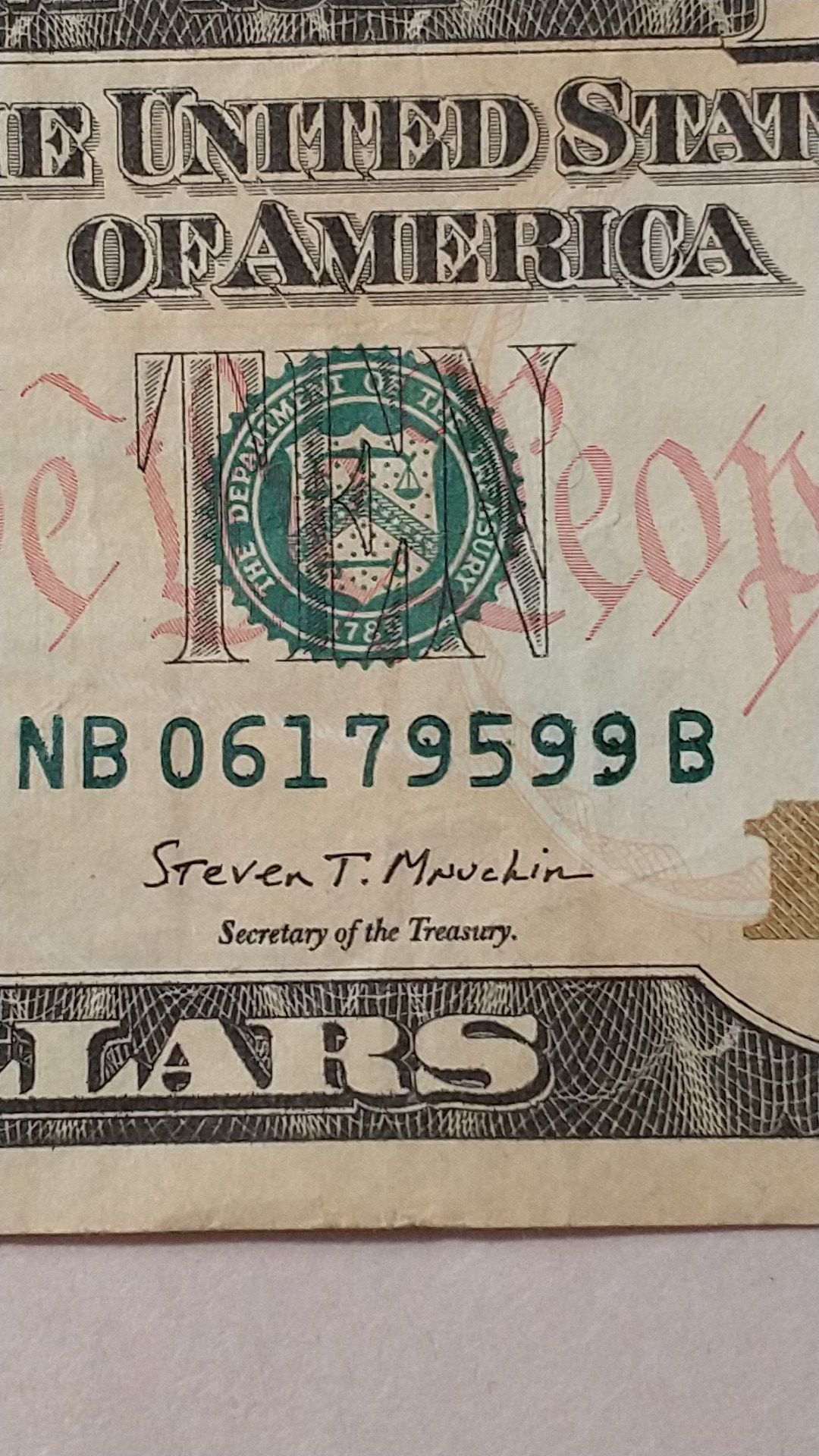 $10 Bill Error Note Over Inked Serial Numbers