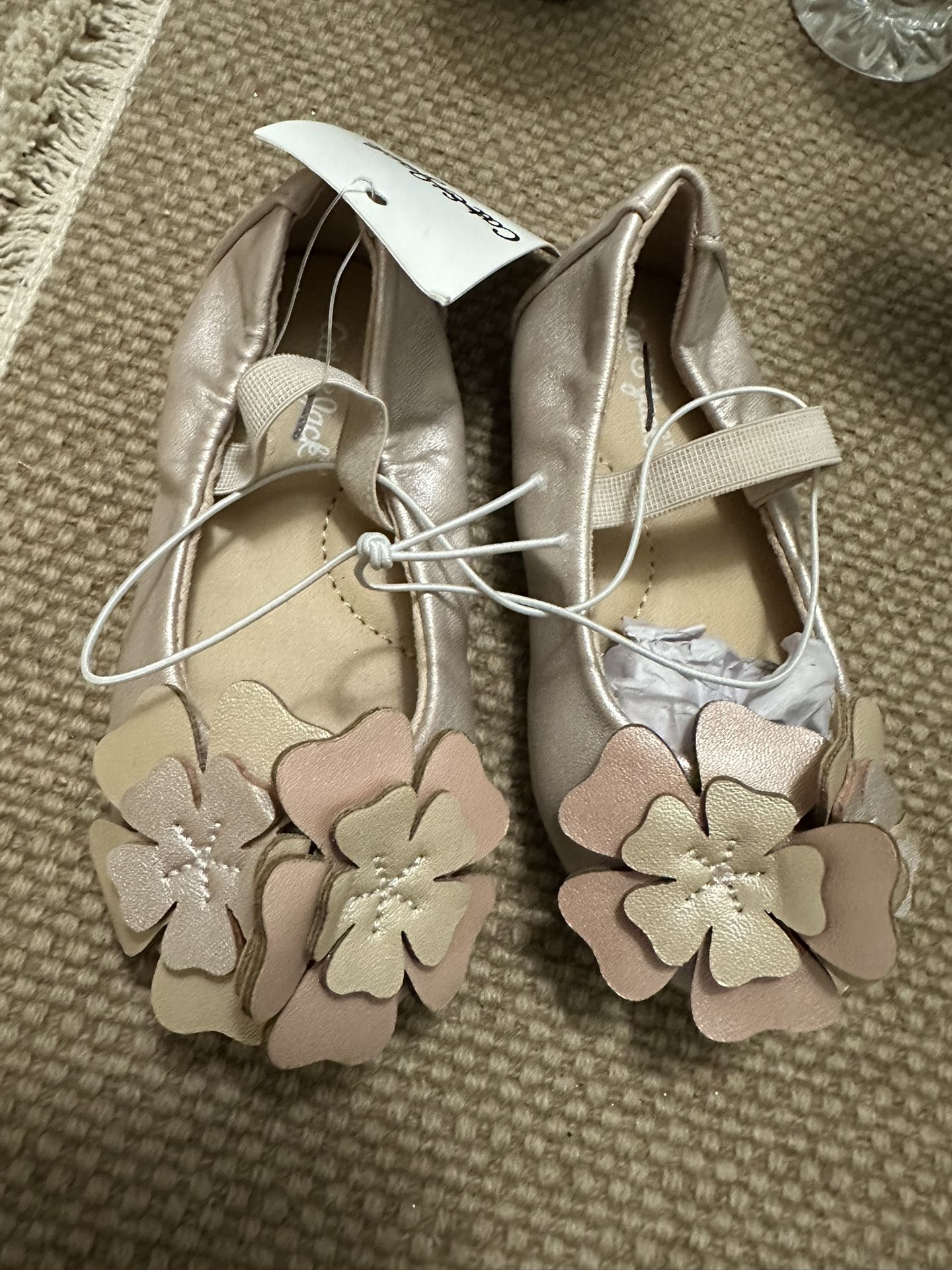Rose Gold Flowery Flats Shoes Girls Toddler Size 5 Cat & Jack