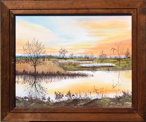 Sunset on the Lake vintage framed oil painting landscape