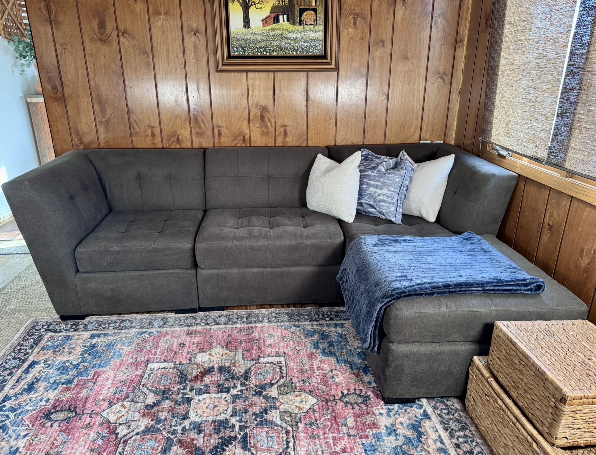 3 Piece Small Modular Sectional Brown Sofa Tufted Chaise Lounge.