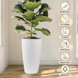 Set of 2 Faux Rattan Tall Planters Outdoor Indoor Large Planters with Water Level Monitor Inner Bucket, Automatic Watering, Flower Plant Pots for Gard