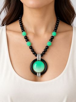 Black Onyx and Green Stone Pendant Necklace