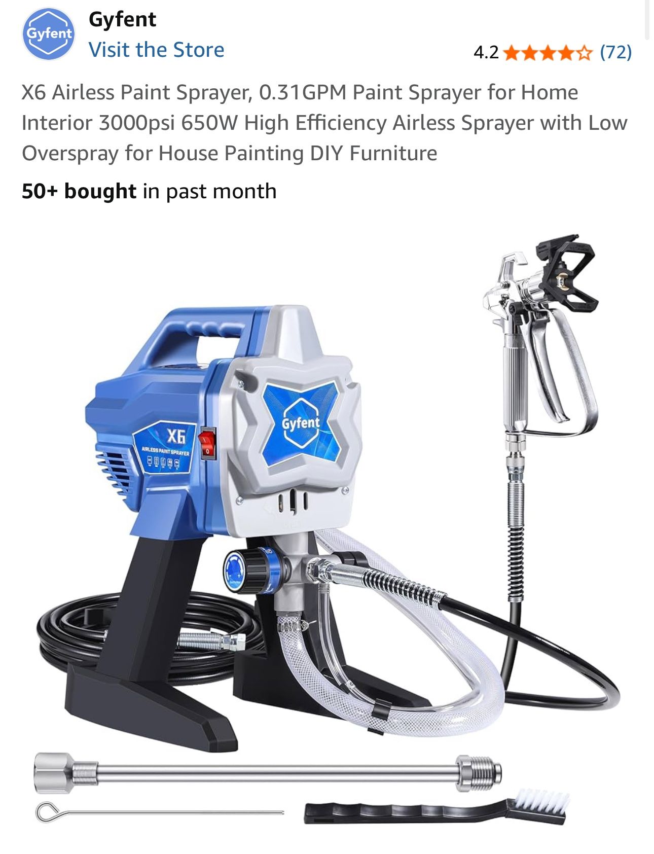X6 Airless Paint Sprayer, 0.31GPM Paint Sprayer for Home Interior 3000psi 650W