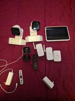 Vivint out door camera and spotlights, indoor camera, smart panel, door bell, glass break sensor