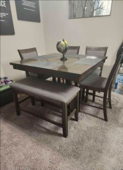 Counter-Height Dining Table Set with Bench and Chairs – Good Condition
