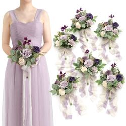 New 6pcs Ling's Moment Artificial Flowers Purple Bridesmaid Bouquet Set of 6, 
