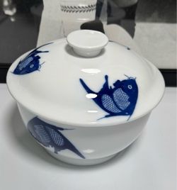 Misty Rose Blue & White Fish Porcelain Covered Serving Bowl