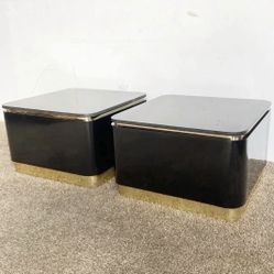 Postmodern Granite Top Black Lacquer Laminate and Gold Side Tables - 27"W x 27"D x17"H -