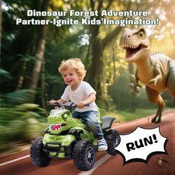 Electric Ride On Dinosaur ATV for Kids Age 3,12V Kids Electric Car with 4 Wheelers Ride On Toy with Music, NEW 