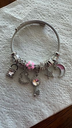 Silver Charm Bangle Bracelet with Pink Accents
