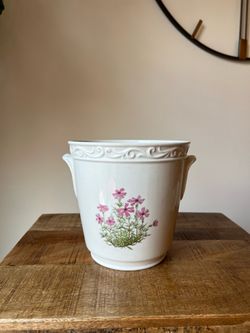 White Ceramic Planter with Floral Design