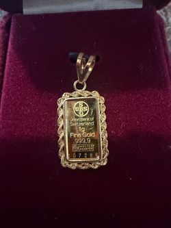 union Bank of switzerland 1gr fine gold + 14k gold rope bezel pendant 999.9