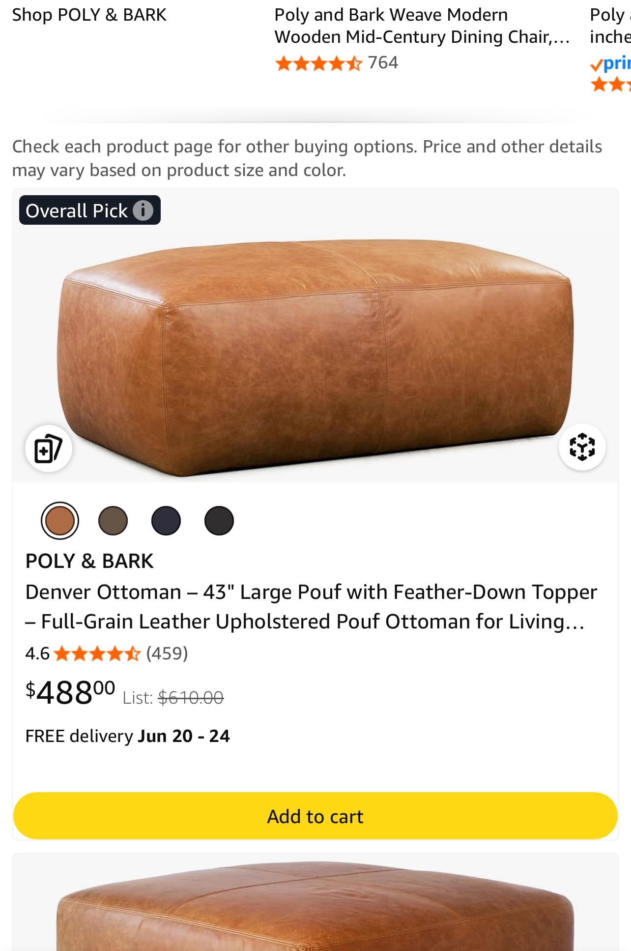 Poly & Bark Denver Ottoman – 43" Large Pouf with Feather-Down Topper – Full-Grain Leather Upholstered Pouf Ottoman for Living Room – Vintage Italian L