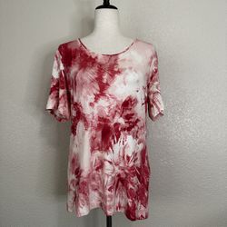 Chico's Boho Red White Jersey Knit Short Sleeves Tee, Sz Medium