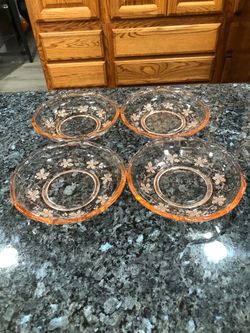 Vintage Set of 4 Pink Embossed Fruit Glass Bowls With Scalloped Edge.  Size 5 1/2 inches wide and 1 inches in depth.  Very pretty design.  Has been on